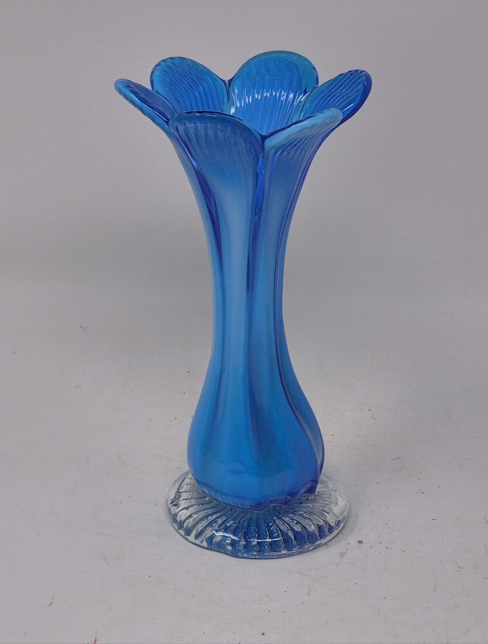 Hand Blown Blue Art Glass Vase With Clear Glass Base
